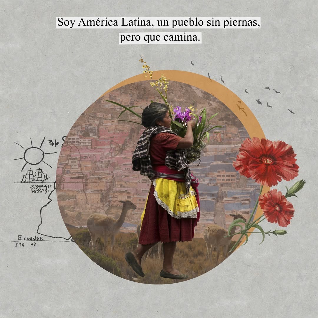 Una donna indigena ecuadoriana cammina con un gran mazzo di fiori in mano. Indossa un vestito bordeaux e tiene uno scialle a scacchi bianchi e neri sulla spalla. Dietro di lei si scorge uno scorcio di Quito, la capitale, e due lama. Lo sfondo del collage è grigio, a sinistra uno schizzo dell’Ecuador; a destra due fiori rossi; in alto la scritta “Soy América Latina, un pueblo sin piernas, pero que camina."
