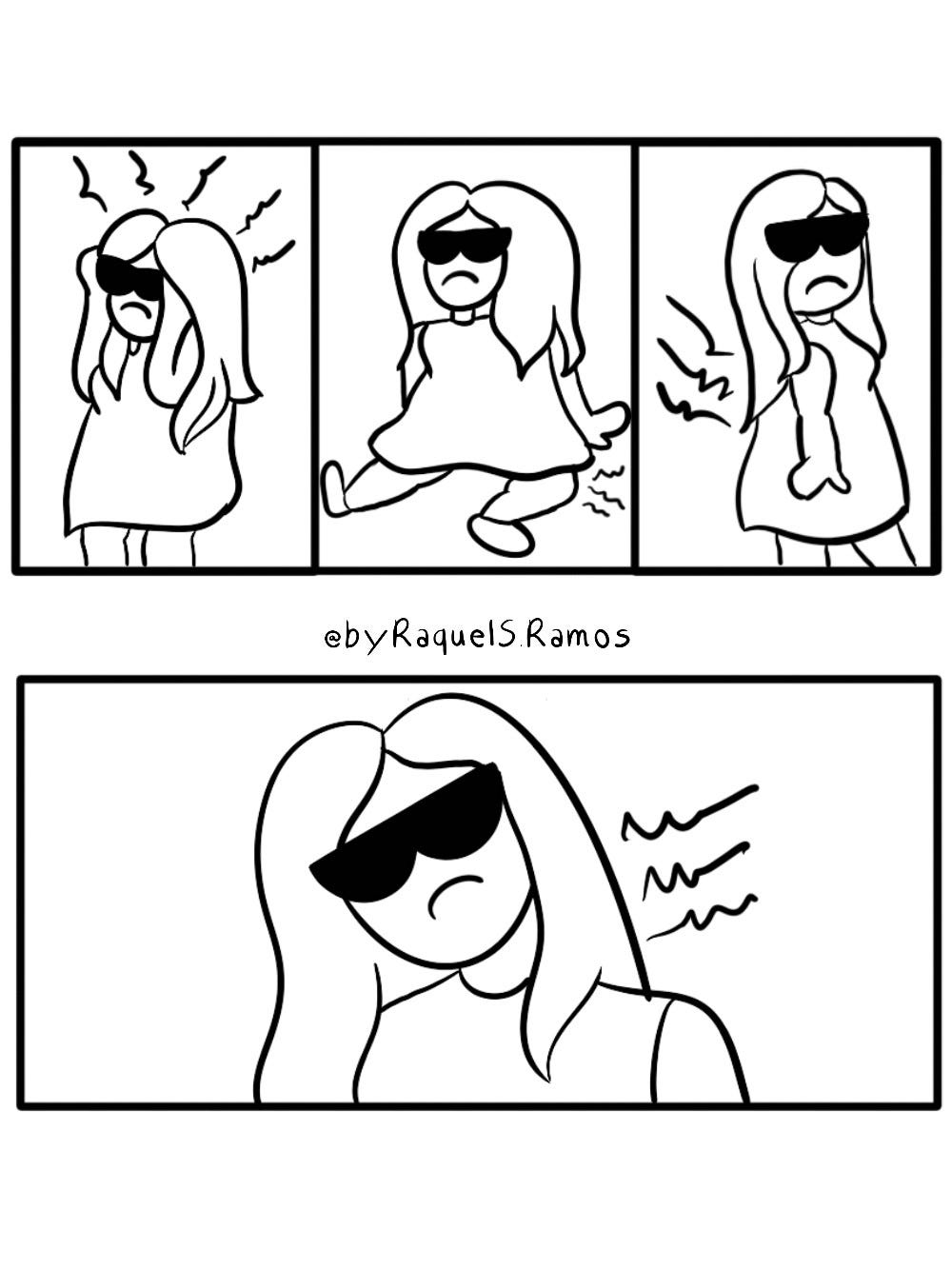 Tirinha preta e branca dividida em quatro quadros. Em cada um deles a protagonista, uma mulher de vestido, usando óculos escuros e com cabelos lisos e longos, demonstra sentir alguma dor. Quadro 1: Em pé, leva as mãos à cabeça, cercada de raios que indicam dor. Quadro 2: Sentada no chão com uma perna esticada e outra dobrada, tem raios ao redor do joelho dobrado, indicando dor. Quadro 3: De pé, em meio perfil, estica-se com braço tenso. Raios ao redor das costas. Quadro 4: Zoom no rosto da protagonista que inclina a cabeça para o lado com expressão triste. Raios ao redor do pescoço.