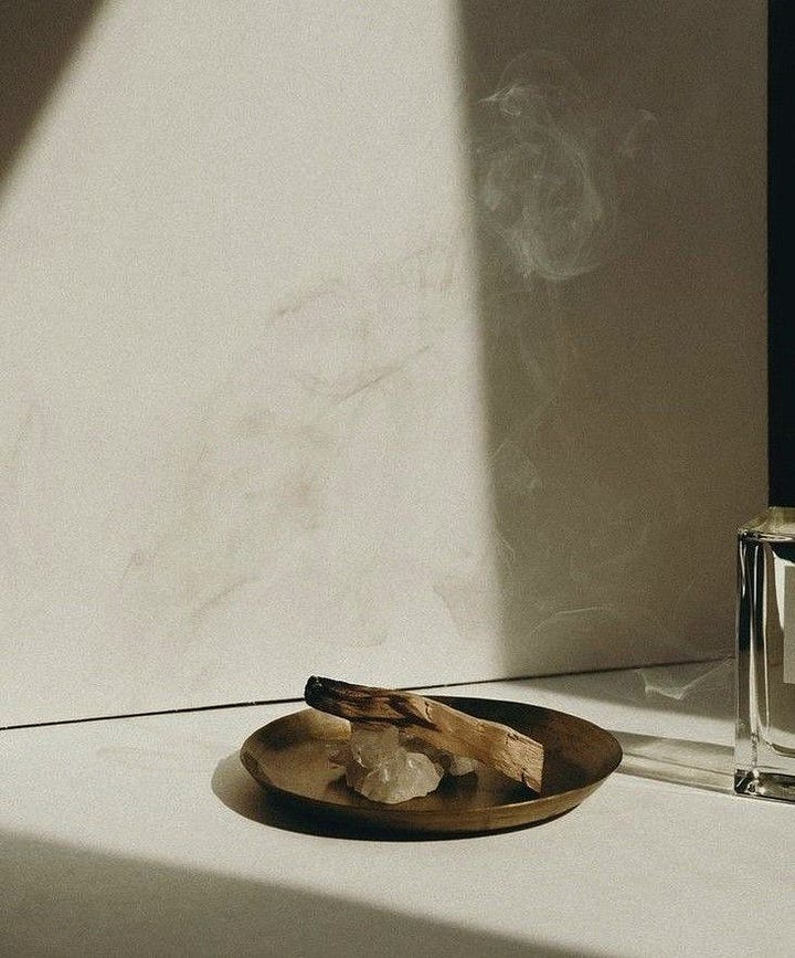 Rituals and nature, both picture have a feeling of calm and stillness. Wellbeing, selfcare