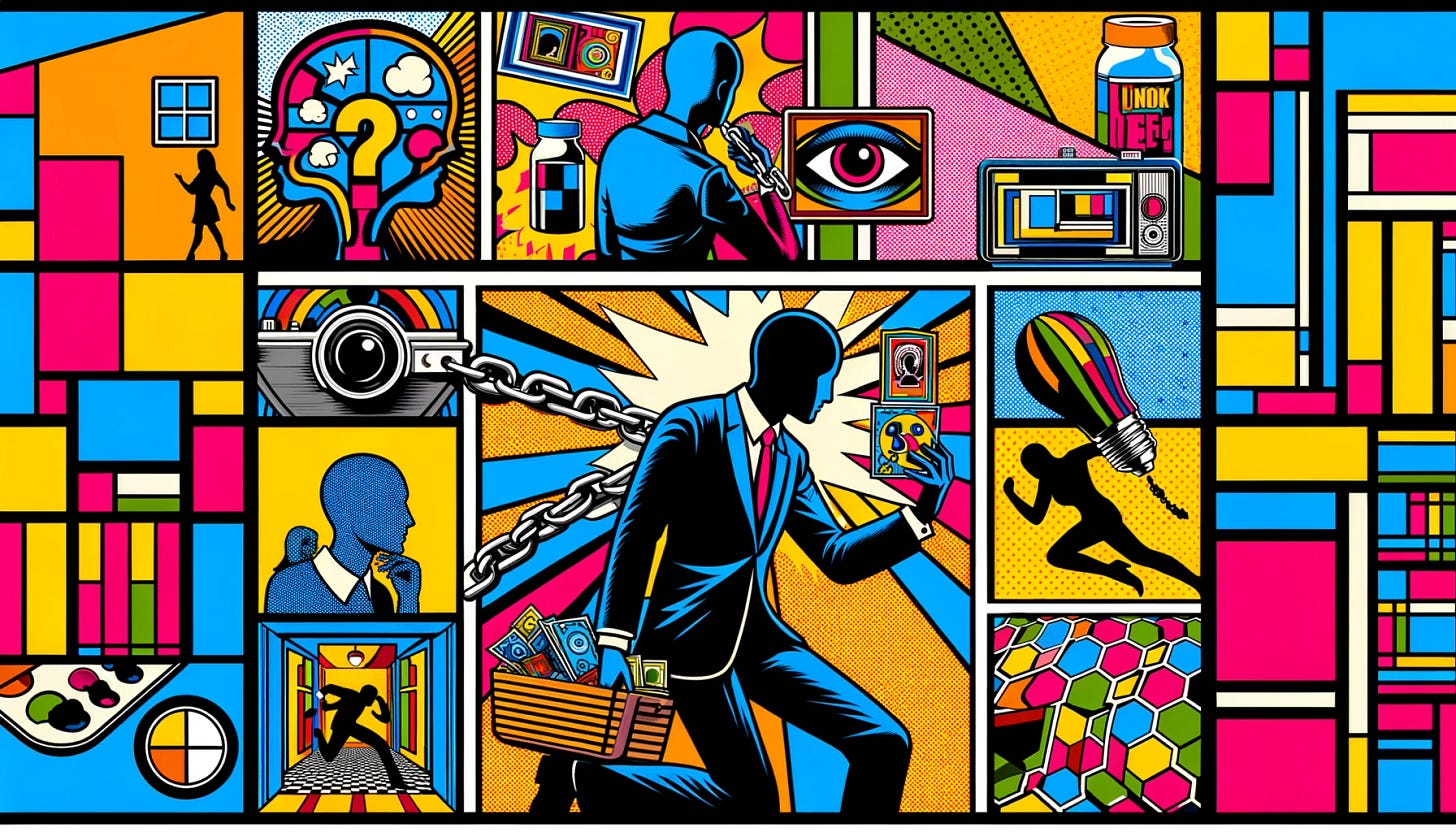 Create an image that captures the spirit of pop art using bright, contrasting colors and repetitive imagery. The scene should depict a figure attempting to unlock another's mind, incorporating bold lines, geometric patterns, and elements of pop culture. Each panel or section of the image should vary slightly in color scheme, emphasizing the theme of mass production and commodification found in pop art. The design should be vibrant and graphic, embodying a playful yet thought-provoking theme without directly referencing specific copyrighted works.