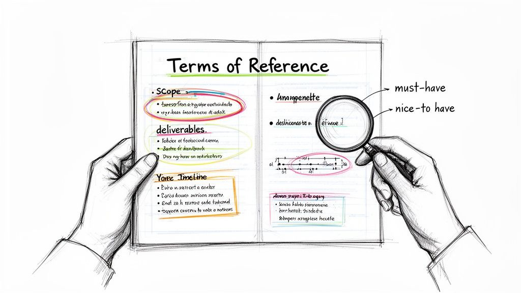 Sketch of hands holding an open notebook titled 'Terms of Reference' with a magnifying glass.