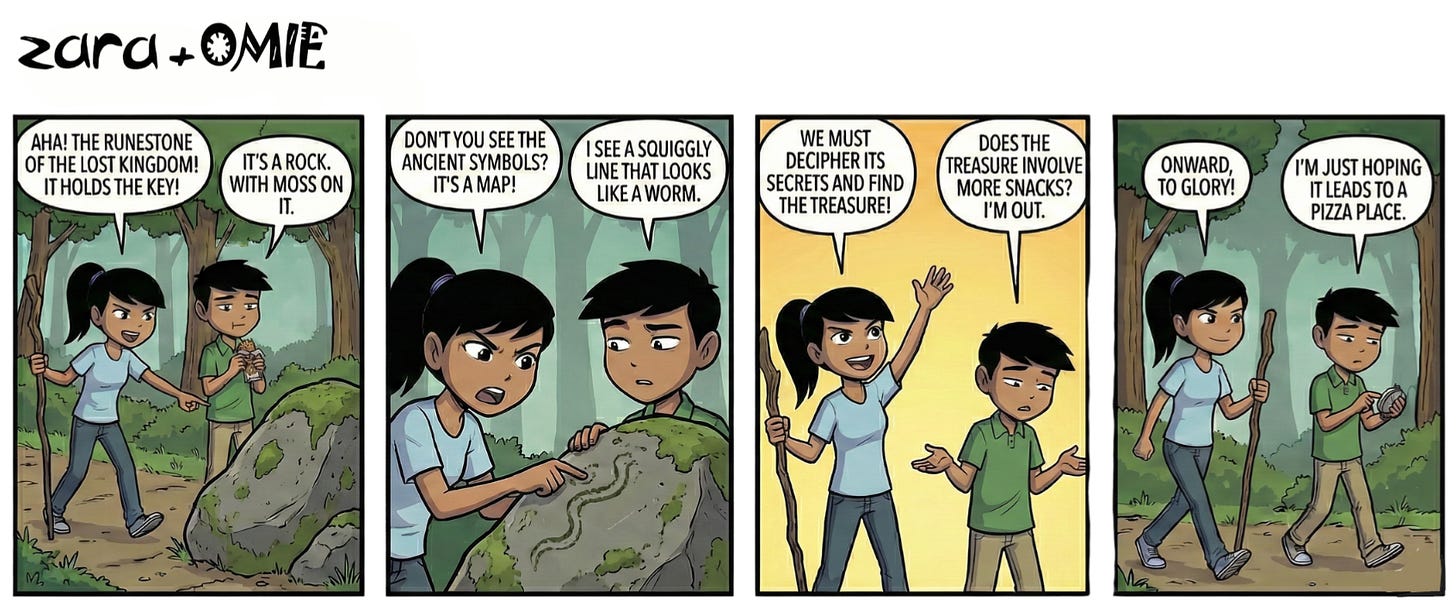 Zara excitedly points at a mossy rock like it’s a magical map while Jay looks skeptical and holds a snack as they walk through the forest. Zara excitedly points at a mossy rock like it’s a magical map while Jay looks skeptical and holds a snack as they walk through the forest.