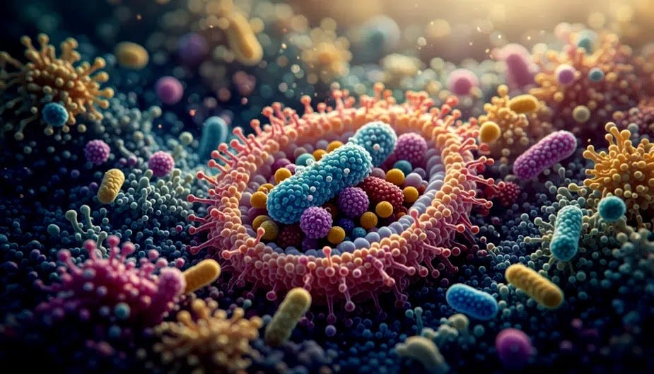 Colorful microscopic image showcasing the diverse community of bacteria within the human gut microbiome.