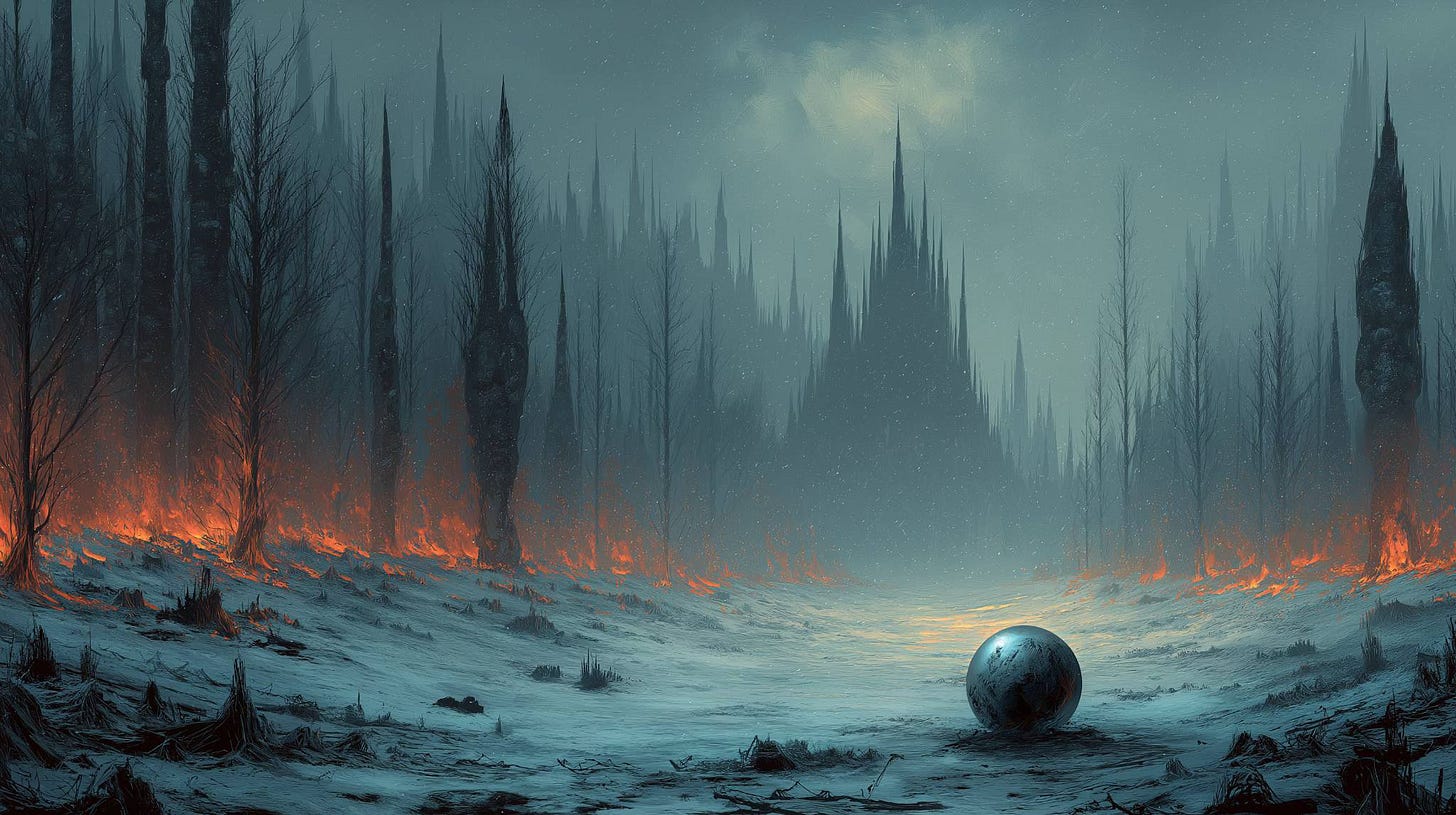 A dark fantasy landscape where a snowy field meets a burning forest, with a glowing metallic orb resting in the snow before a distant obsidian citadel shrouded in mist.