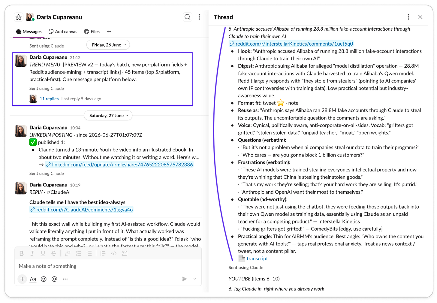 Slack thread from an AI trend monitoring workflow showing a Reddit trend extract with hook, digest, audience questions, frustrations, and reuse angles. Slack thread from an AI trend monitoring workflow showing a Reddit trend extract with hook, digest, audience questions, frustrations, and reuse angles.