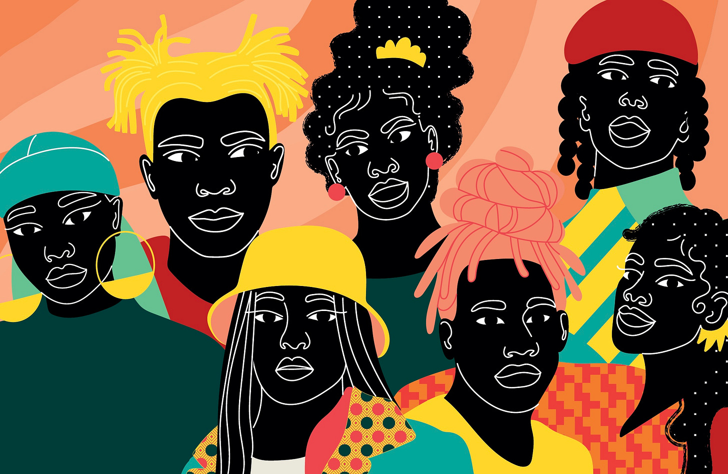 Digital art of Black adults at a café, sitting with tension between them, suggesting unspoken conflict in friendship. Artwork by Aurélia Durand.