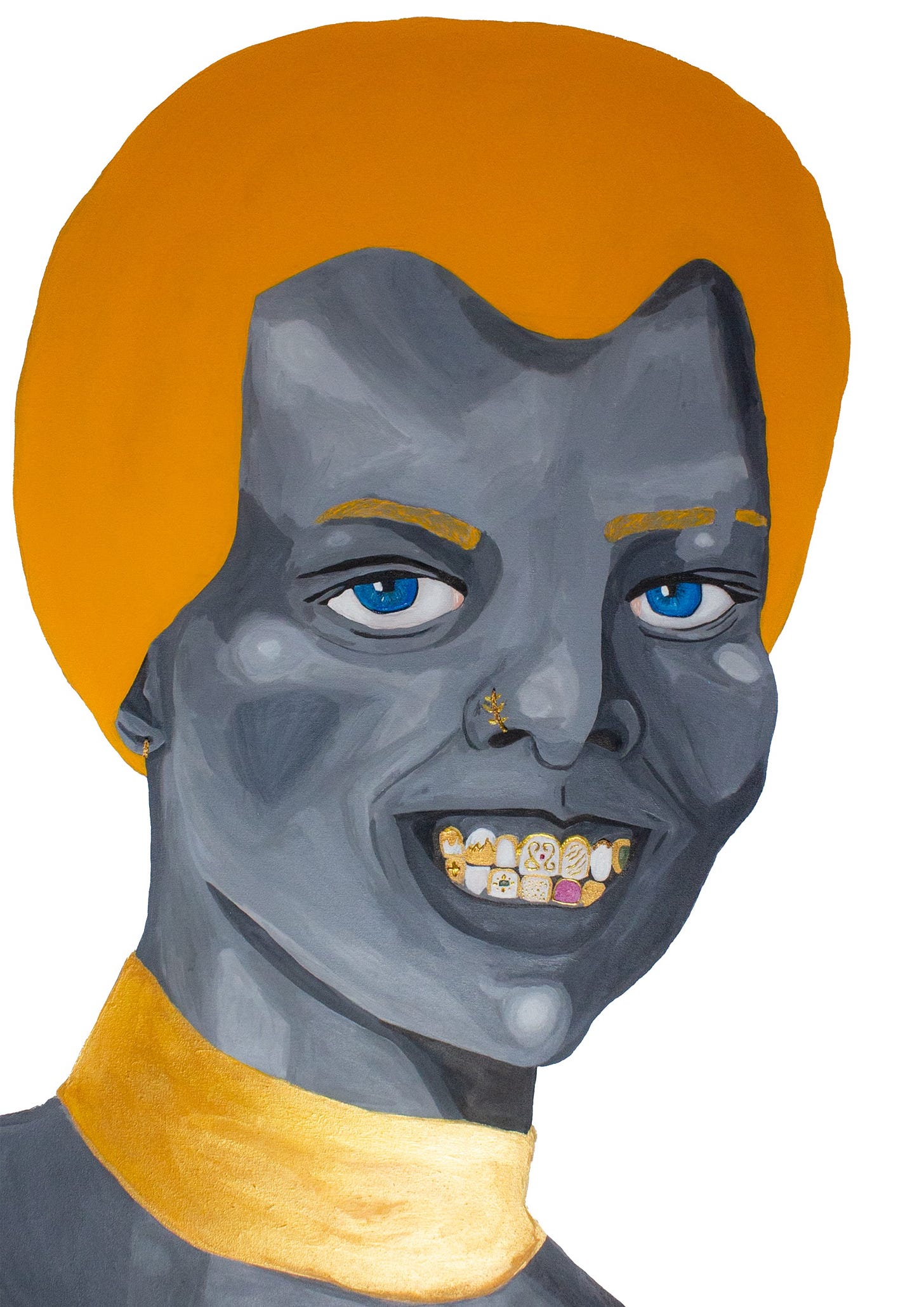retrato em pintura de uma mulher negra com cabelo, sobrancelha e colar na cor laranja; olhos azuis; dentes adornados. retrato em pintura de uma mulher negra com cabelo, sobrancelha e colar na cor laranja; olhos azuis; dentes adornados.