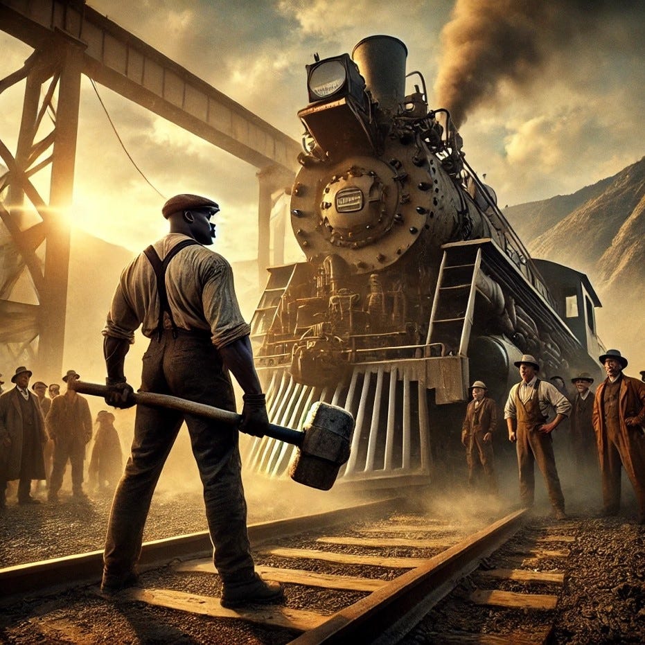 A person holding a sledgehammer next to a train

Description automatically generated
