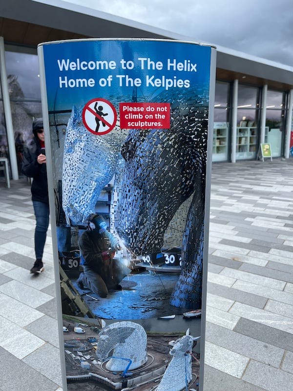 2025-4-24 Welcome sign outside the Kelpies tourist center, photo by author