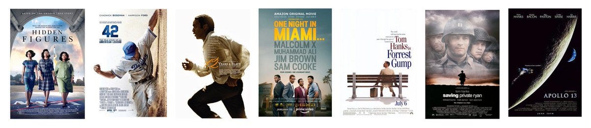 Movies posters: Hidden Figures, 42, 12 Years a Slave, One Night in Miami, Forest Gump, Saving Private Ryan, Apollo 13.