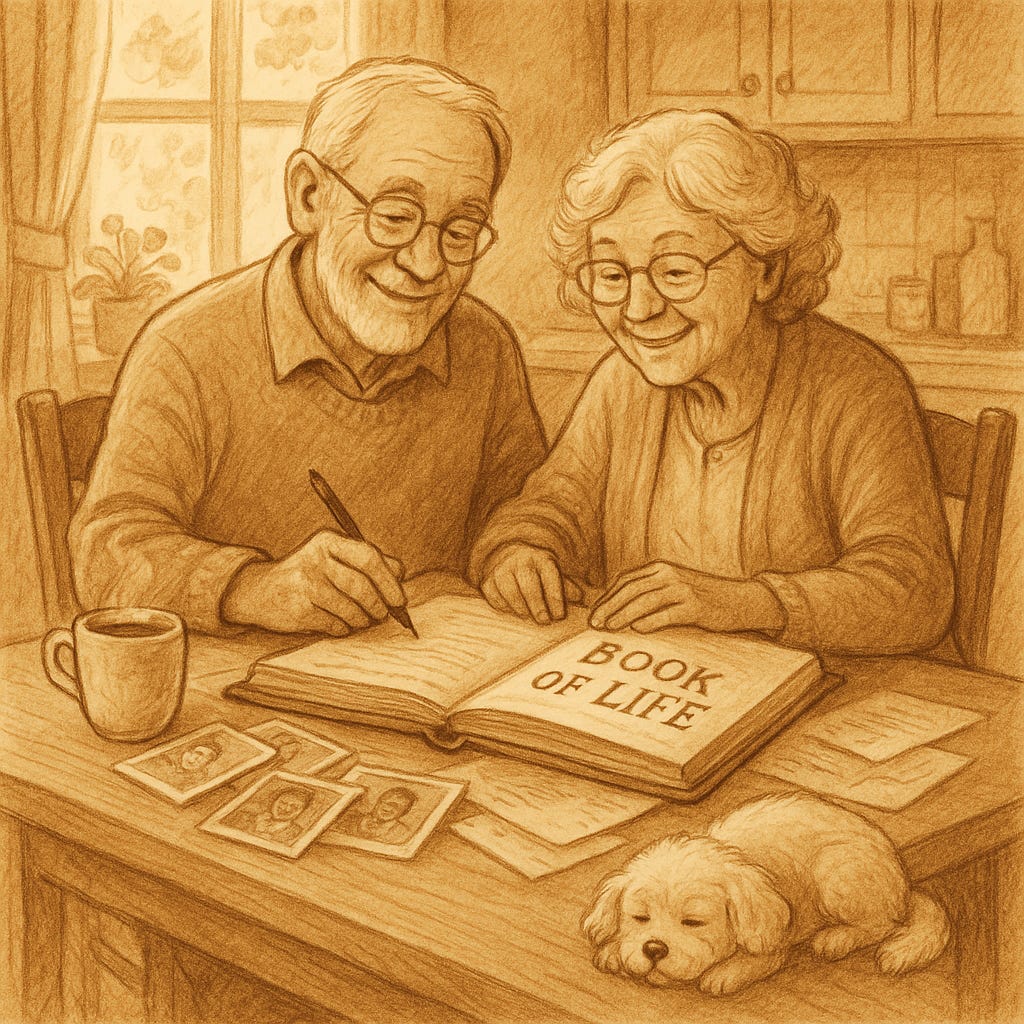 Retired Couple working on their Book of Life, with dog sleeping nearby.