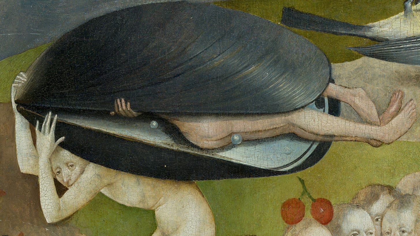 Two figures are, we assume, sharing some quality time inside a giant mussel shell, carried on the back of a rueful looking man with little regard for the laws of physics.