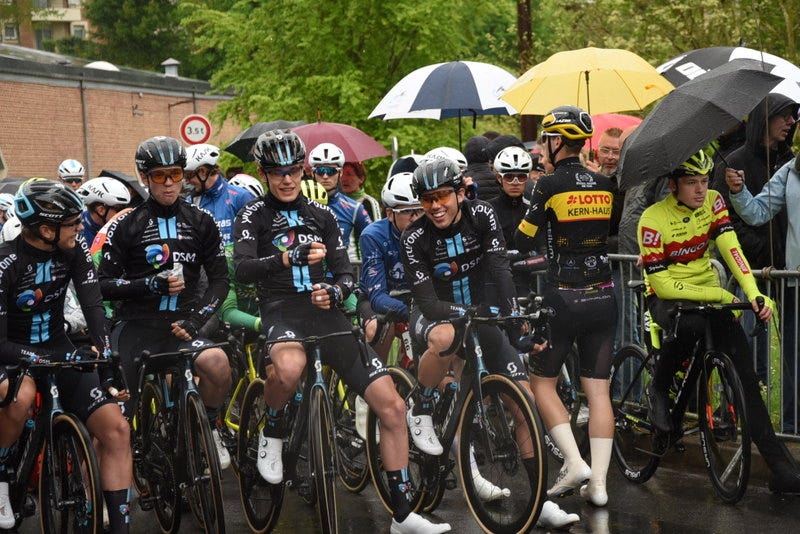 Four riders from Team DSM line up alongside me on the front row of the 175 rider grid for Paris Roubaix Espoirs Four riders from Team DSM line up alongside me on the front row of the 175 rider grid for Paris Roubaix Espoirs