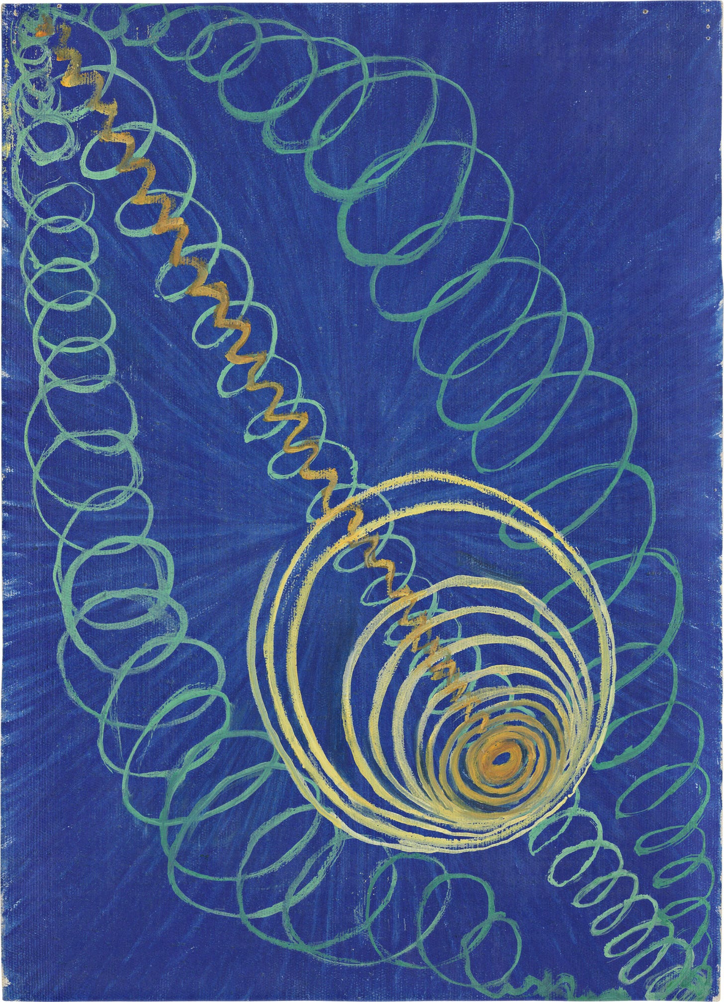 An image of an abstract work of art called Primordial Chaos, No. 16. It's a blue background featuring teal and yellow swirls and whorls and what almost looks like a signal emanating from a vortex. Perhaps it's telling us that AI COULD NEVER.