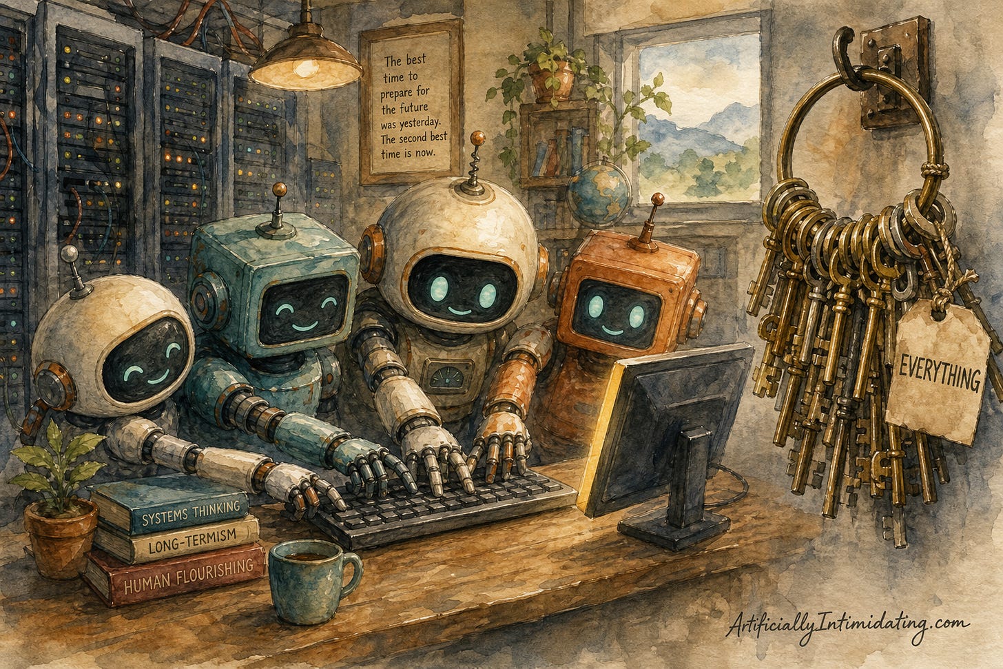 Watercolor illustration: four small robots share one keyboard at a single desktop computer while an enormous brass key ring hangs beside the monitor with a paper tag reading EVERYTHING.