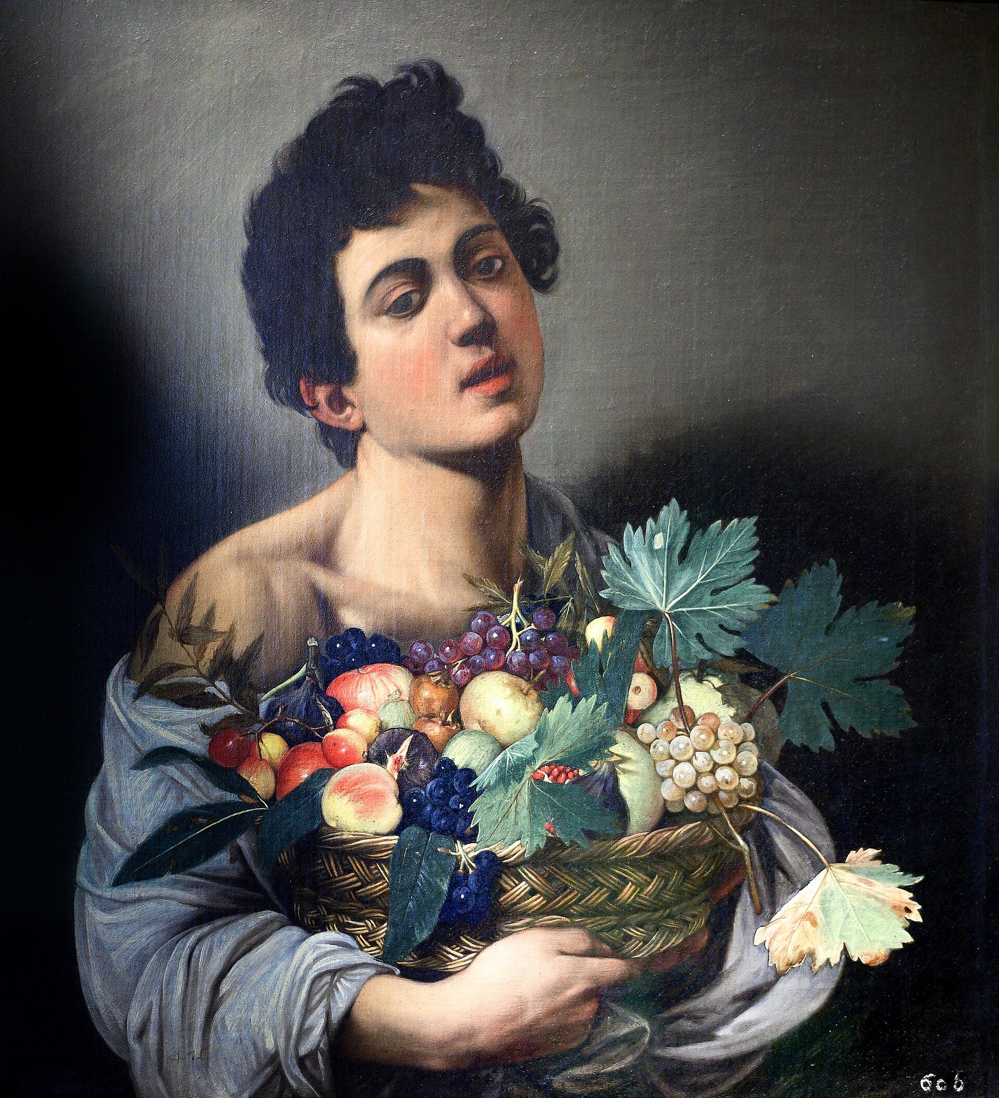 Caravaggio, Boy with a Basket of Fruit, about 1593 to 1595. Galleria Borghese, Rome.