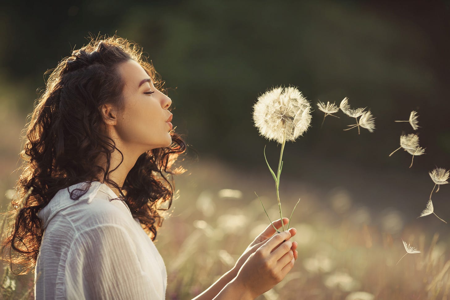 A person blowing dandelions in a sunny field, with fluffy seeds floating in the breeze around them.