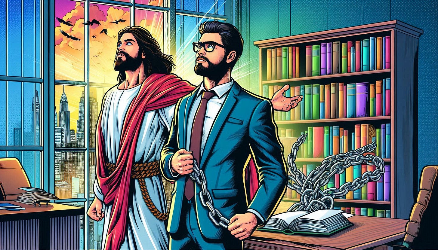 Jesus Christ stands next to a businessman in his office who has chains falling off him, comic book art