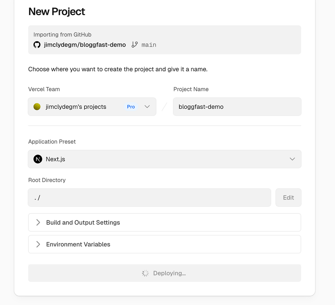 Importing BloggFast in Vercel. Image by Jim Clyde Monge