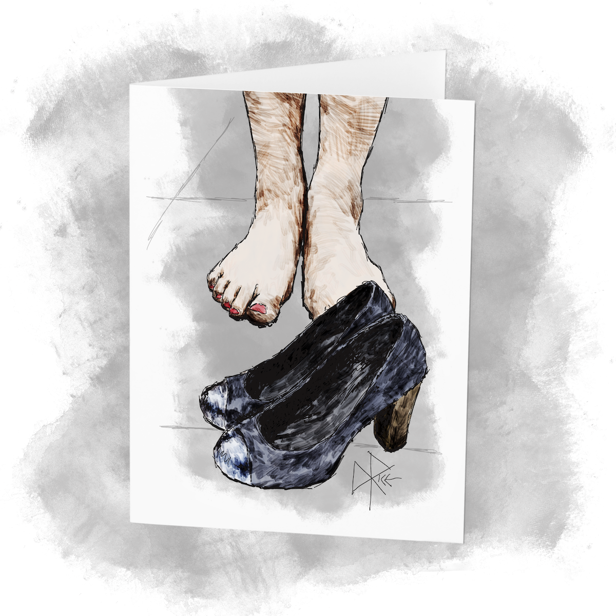 Bare feet, with red-painted toenails, stand behind a pair of empty high heeled shoes. Sketch art by Don Rice.