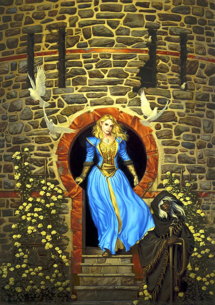 Doves flutter outward as a woman emerges from a tower built of uneven stones. The opening framing her is keyhole-shaped, bordered with pounded copper plates. Trellises dense with yellow roses climb either side of the steps leading up the entrance. Her dress is gorgeously detailed, azure blue split down the front to reveal complimentary yellow to match her wavy hair. Her jacket is open revealing intricate flourishes beneath which are in turn covered at the waist by a layered sash. Her sleeves end with modest ruffles at the elbows giving way to patterned gloves, close to skin-tone suggesting lacy transparency. Stoically standing guard beside the steps, a robed figure with ebony skin and white hair rests hands on the hilt of his sword. The emblem of a sword piercing a circle is pinned high on his chest.