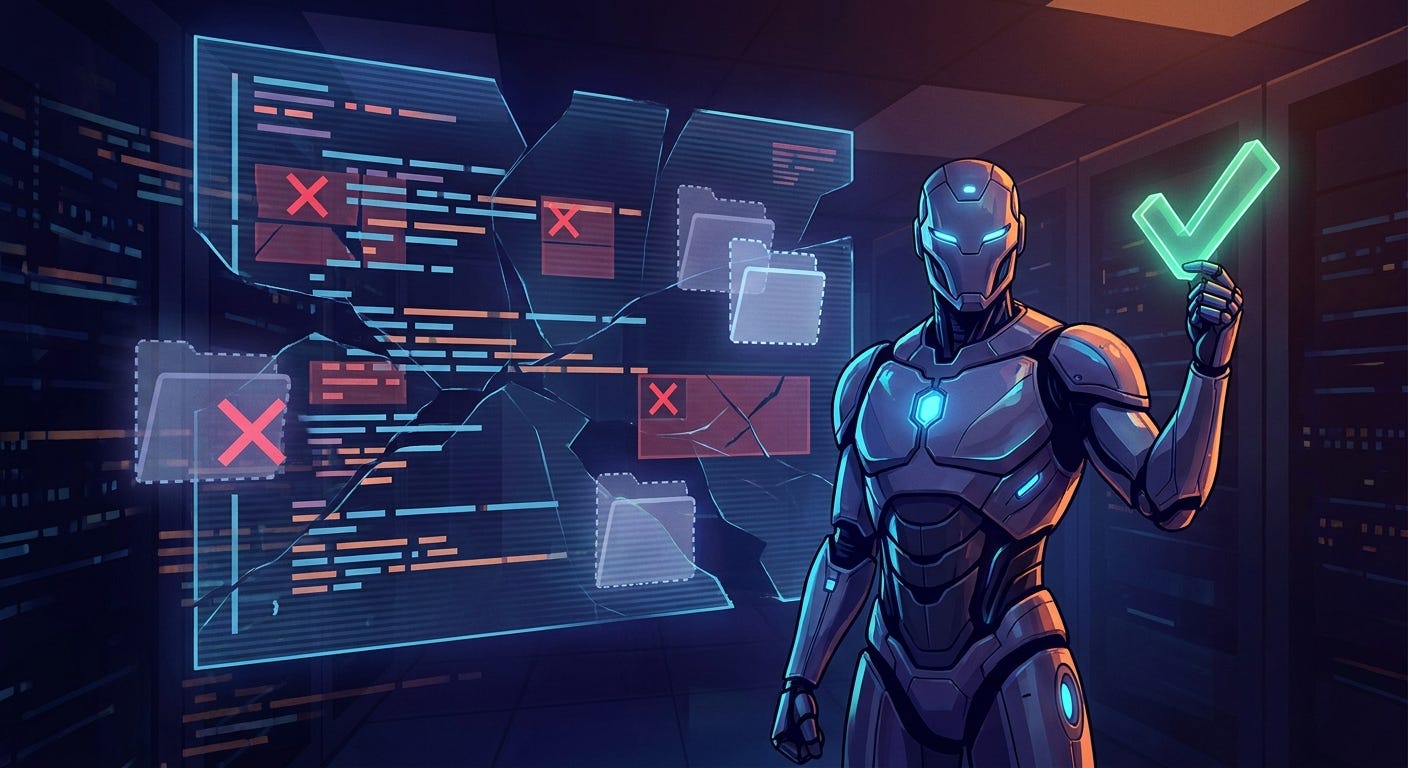 AI agent confidently raising a green checkmark labeled DONE while broken, fragmented code and empty ghost file outlines are visible behind it