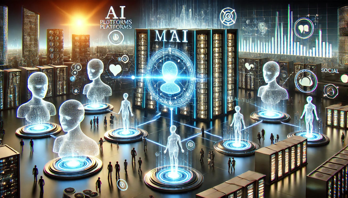 A 16:9 futuristic illustration depicting Meta Platforms building massive AI agents for social media. The scene features a glowing Meta logo connected to a network of AI-powered digital avatars, each interacting in a virtual social environment. Holographic feeds and real-time conversations are displayed, symbolizing AI-driven engagement. A futuristic data center with towering server racks processes vast amounts of social data, with glowing data streams linking AI agents to users. The background includes a high-tech digital cityscape, emphasizing scale, innovation, and AI's transformative impact on social media.