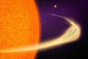 A crumbling planet is orbiting a giant star, leaving behind an enormous trail of debris. “The tail is absolutely massive—stretching as far as 9 million kilometers,” says Marc Hon, a postdoctoral researcher at MIT’s Kavli Institute for Astrophysics and Space Research.