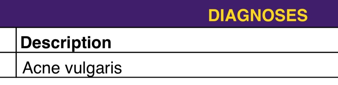 Screenshot of a diagnosis from a doctor that reads "Acne vulgaris"