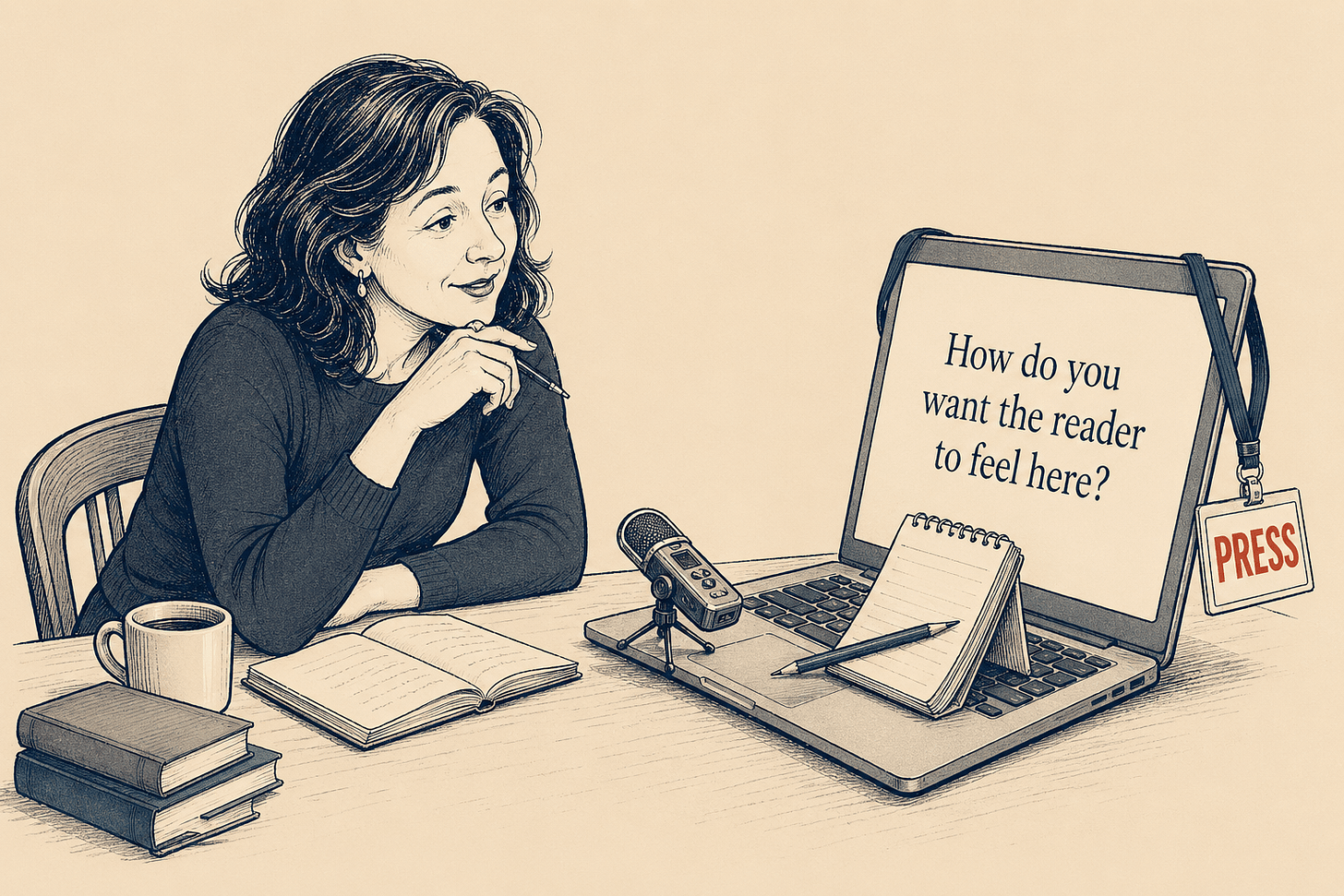 An editorial-style, hand-drawn illustration in a classic pen-and-ink crosshatch technique with a muted, cream-colored background.  The image depicts a thoughtful woman sitting at a desk, leaning forward with a pen in her hand as she looks toward a laptop. On the laptop screen, large text reads, "How do you want the reader to feel here?"  The desk is cluttered with professional storytelling tools:  An open notebook and a stack of books.  A steaming mug of coffee.  A small desktop microphone.  A press badge hanging from the side of the laptop.  A spiral notepad resting on the laptop keyboard with another pen.  The overall mood of the illustration is contemplative and focused, highlighting the intentionality behind the writing and editing process. Alt-text generated with Gemini.
