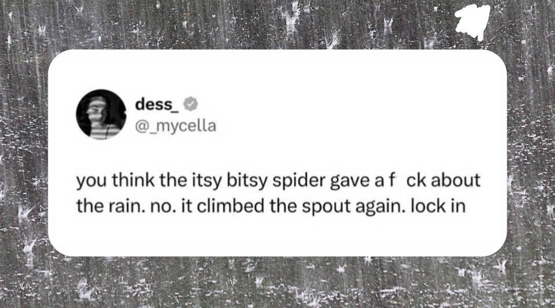 Social media post from dess._ screenshotted against a background of raindrops. The post reads: 'you think the itsy bitsy spider gave a f ck about the rain. no. it climbed the spout again. lock in.' - PinkNews logo at the bottom.