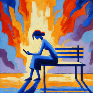 A silhouette of a woman sitting alone on a bench, looking at her phone with a distressed expression, surrounded by vibrant colors representing emotional turmoil.