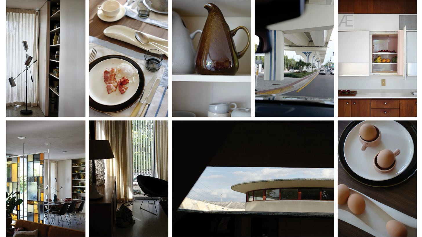 Missing original furniture has been replaced with modernist pieces from Eames, Nelson, Miller, and others. The ceramic dinnerware is iconic Russell Wright Modern American. Missing original furniture has been replaced with modernist pieces from Eames, Nelson, Miller, and others. The ceramic dinnerware is iconic Russell Wright Modern American.