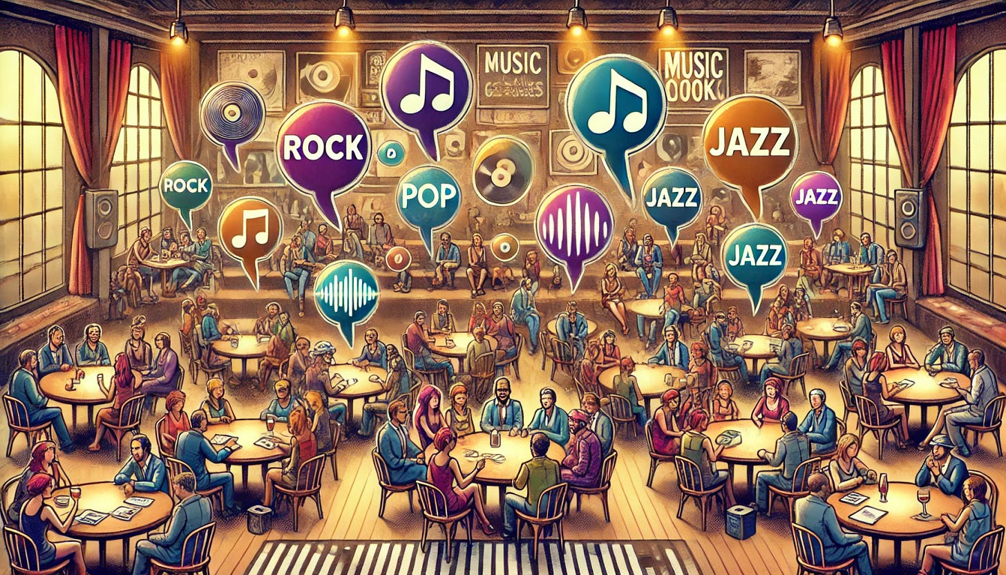 A digital illustration of a large room filled with people in small conversation groups, each group discussing musical tastes. Every group includes a mix of individuals visibly themed around rock, pop, and jazz (e.g., clothing and accessories). The entire room maintains a balanced distribution of these styles. The atmosphere is vibrant and social, with speech bubbles or visual soundwaves representing the music genres in equal proportions across all groups. The background is a cozy lounge with warm lighting and music posters on the walls. Created Using: visual metaphors, symbolic costuming, group distribution balance, warm lighting, thematic diversity, speech bubble illustrations, musical iconography, ambient lounge environment, hd quality, natural look --ar 16:9