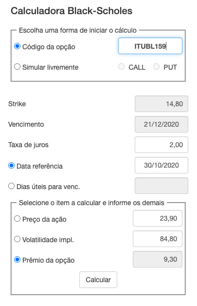Captura de tela da calculadora Black-Scholes do site opçoes.net.br. Ao preencher o campo código da opção com ITUBL159 e a taxa de juros com 2% ao ano, vemos que no dia 30/10/2020 a calculadora informa que o prêmio esperado da opção é de R$9,30. Captura de tela da calculadora Black-Scholes do site opçoes.net.br. Ao preencher o campo código da opção com ITUBL159 e a taxa de juros com 2% ao ano, vemos que no dia 30/10/2020 a calculadora informa que o prêmio esperado da opção é de R$9,30.