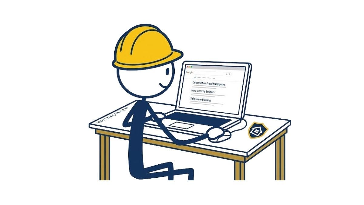 Homeowner researching construction professionals online, laptop showing search results for verifying builders and fraud prevention