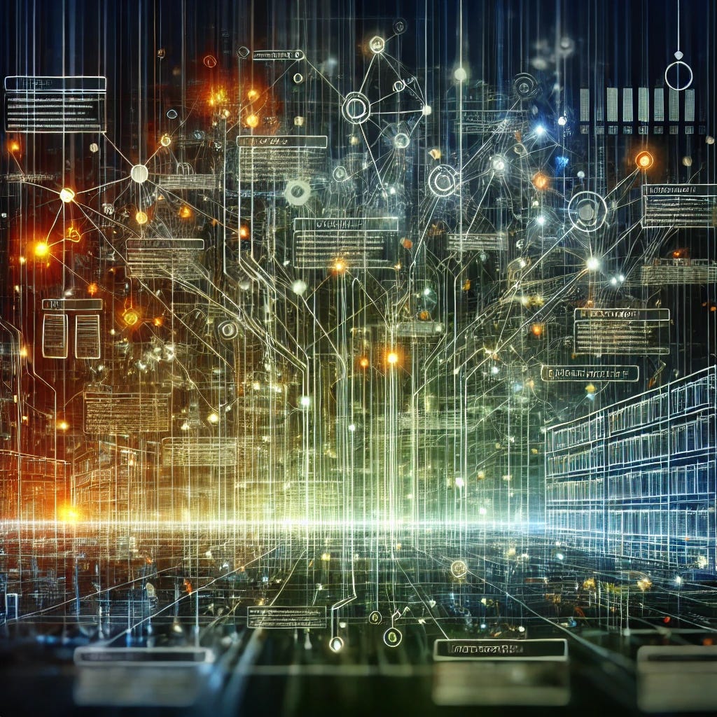 A visually striking abstract image representing the hidden structure of metadata in records management. The image includes a network of glowing interconnected lines and nodes, layered with faint outlines of digital documents and metadata tags in vibrant colors like green, orange, and blue. The background has a gradient of dark to light tones, creating depth, and a sense of order emerging from complexity. The style is sleek, technological, and futuristic, emphasizing organization and flow within a digital records system.