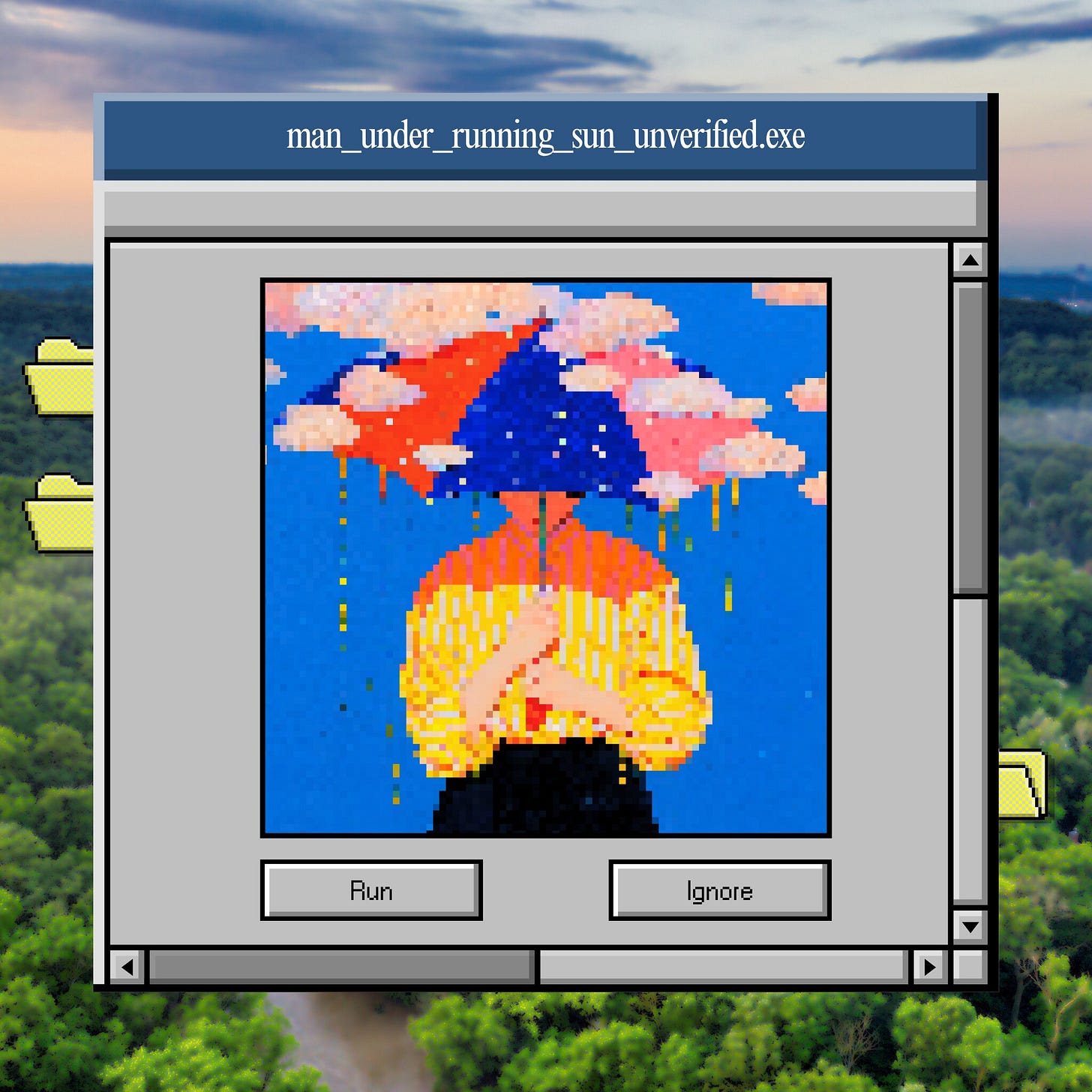 Pixelated graphic mimicking an old 1990s computer operating system window titled "man_under_running_sun_unverified.exe". Inside the window is a heavily pixelated, low-resolution square illustration of an ambiguous figure holding a large, multi-colored umbrella. The figure is wearing a yellow-and-orange striped long-sleeve shirt against a bright blue backdrop. Yellow, pixelated streaks and drops cascade downwards from the undersides of the umbrella canopy and nearby pixelated pink clouds, mimicking running fluid. Below the image are two retro gray command buttons labeled "Run" and "Ignore."