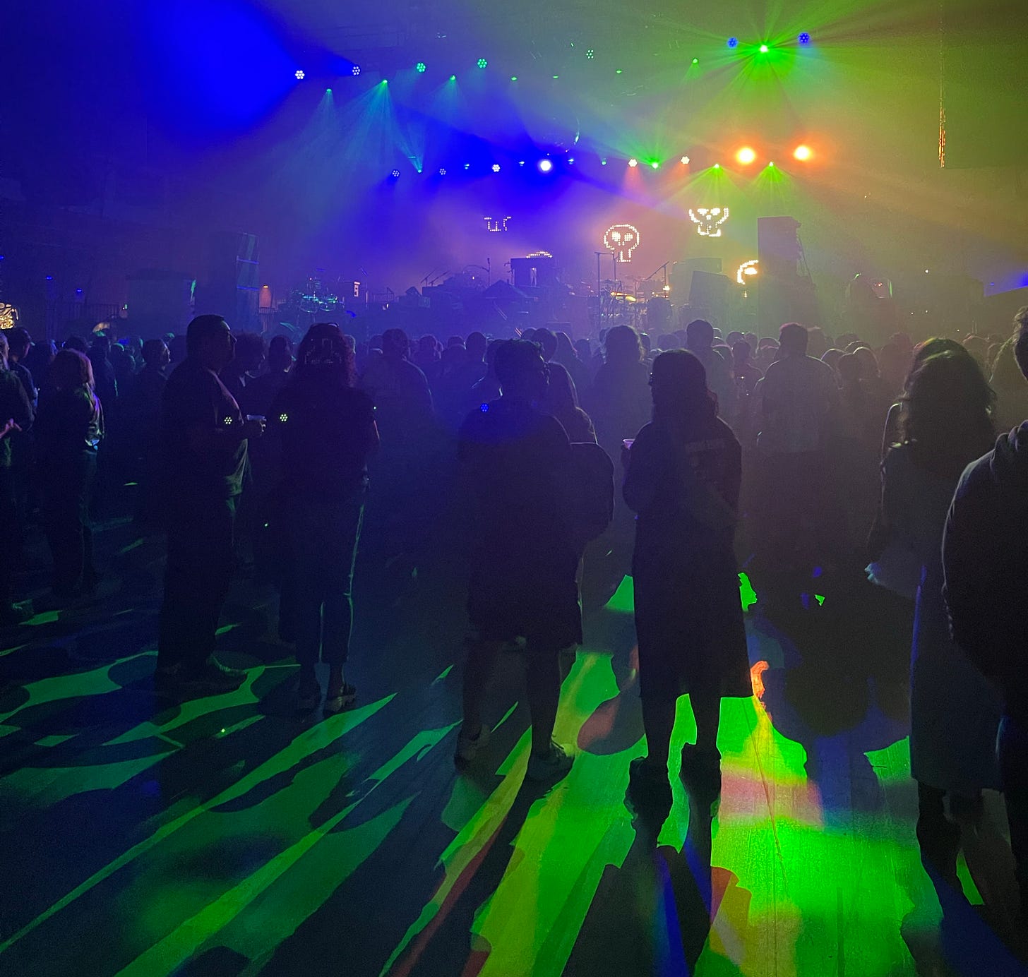 Dramatic shot of the audience waiting for LCD Soundsystem to come on stage.