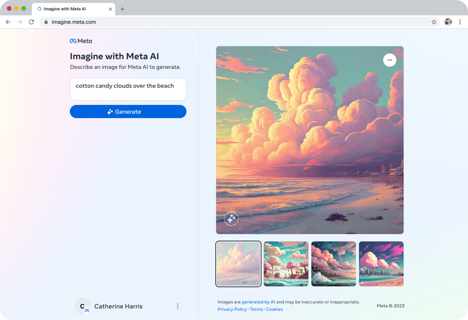 Web browser showing imagine, Meta AI&#039;s text-to-image generator