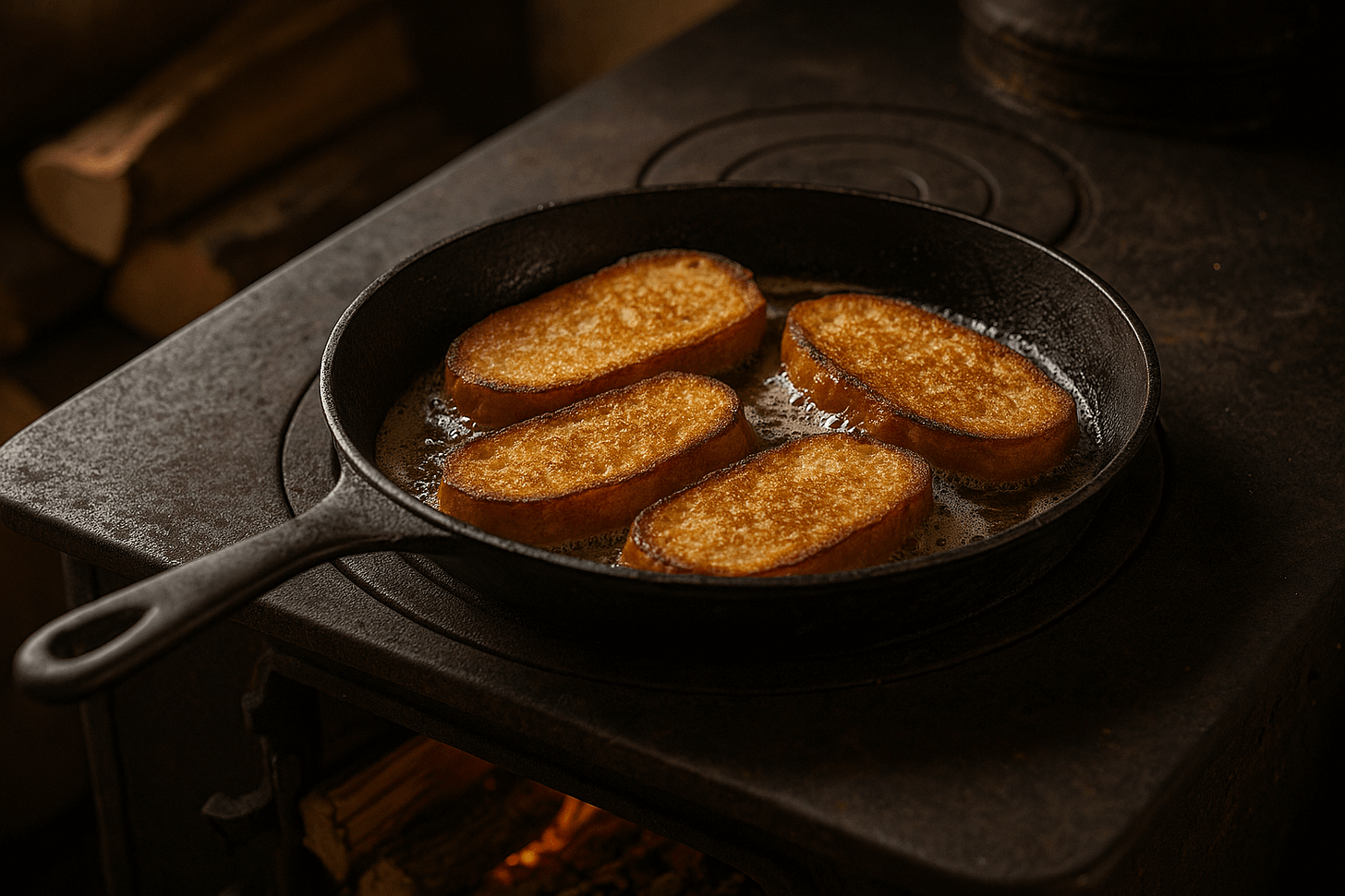 Vier goldbraun gebratene Scheiben Fotzelschnitte (auch Arme Ritter oder Povesen genannt) liegen in einer gusseisernen Bratpfanne, die auf einem alten Holzofen steht. Im Hintergrund ist Feuerholz sichtbar, das für eine warme, rustikale Stimmung sorgt. Vier goldbraun gebratene Scheiben Fotzelschnitte (auch Arme Ritter oder Povesen genannt) liegen in einer gusseisernen Bratpfanne, die auf einem alten Holzofen steht. Im Hintergrund ist Feuerholz sichtbar, das für eine warme, rustikale Stimmung sorgt.