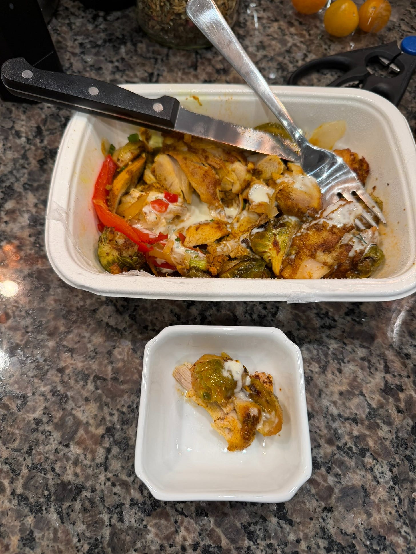 Photo of food based spirit offering, plus the human meal it came from.