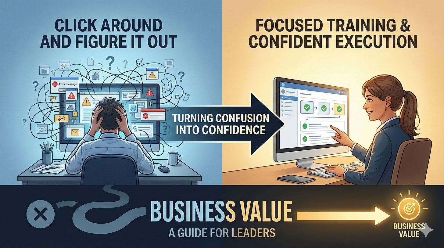 Split-panel illustration contrasting a confused user at a complex computer with a confident user navigating streamlined workflows, titled "Turning Confusion into Confidence."