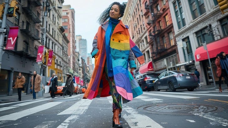In the heart of the bustling city, an individual stands out against the urban backdrop with a strikingly colorful coat that speaks volumes about their bold fashion sense. They cross the street with a confident stride, each step a vivid contrast to the grey cityscape. The mosaic of colors adorning their outfit catches the eye of every passerby, a radiant statement of style amidst the hustle and bustle of city life.