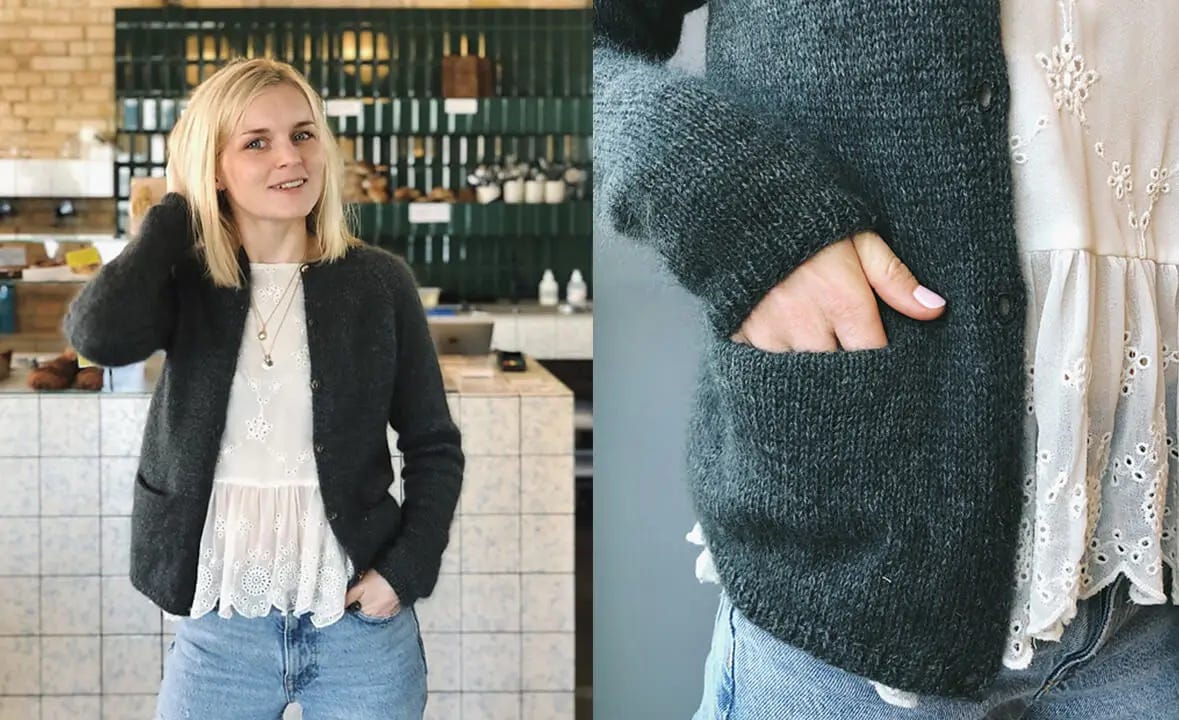 blond woman wearing dark grey cardigan with pockets over white blouse and jeans