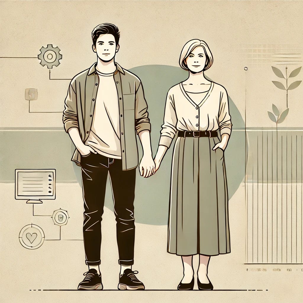 A minimalist illustration of a young man in his early twenties standing confidently beside an older woman in her late thirties, holding hands. The man has casual, modern attire, and the woman is dressed more formally, suggesting maturity and stability. The background is neutral, with subtle details representing generational differences, such as symbols of technology and stability. The image should convey warmth and mutual respect, emphasizing emotional connection. Simple, clean lines with soft colors.