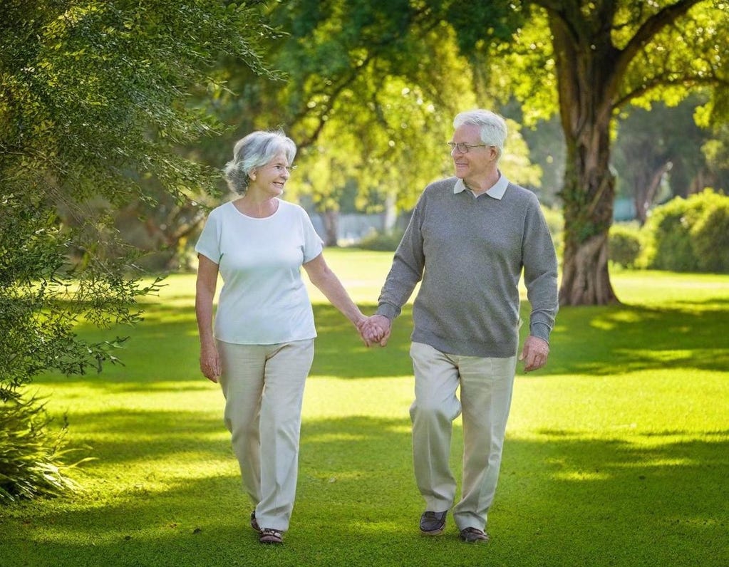 Older white couple hold hands as they walk across a newly mowed lawn of green grass in a park-like atmosphere. 