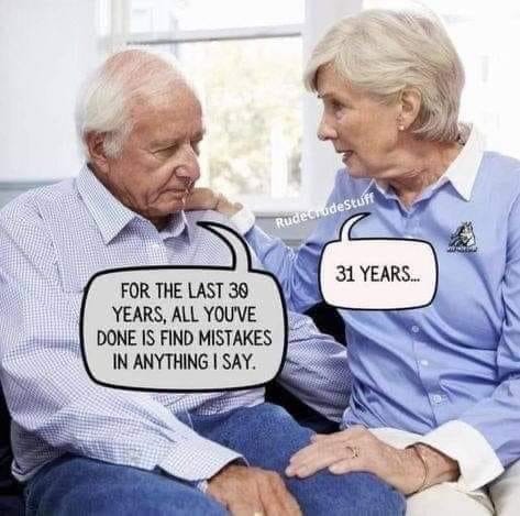 Meme about elderly woman correcting her husband