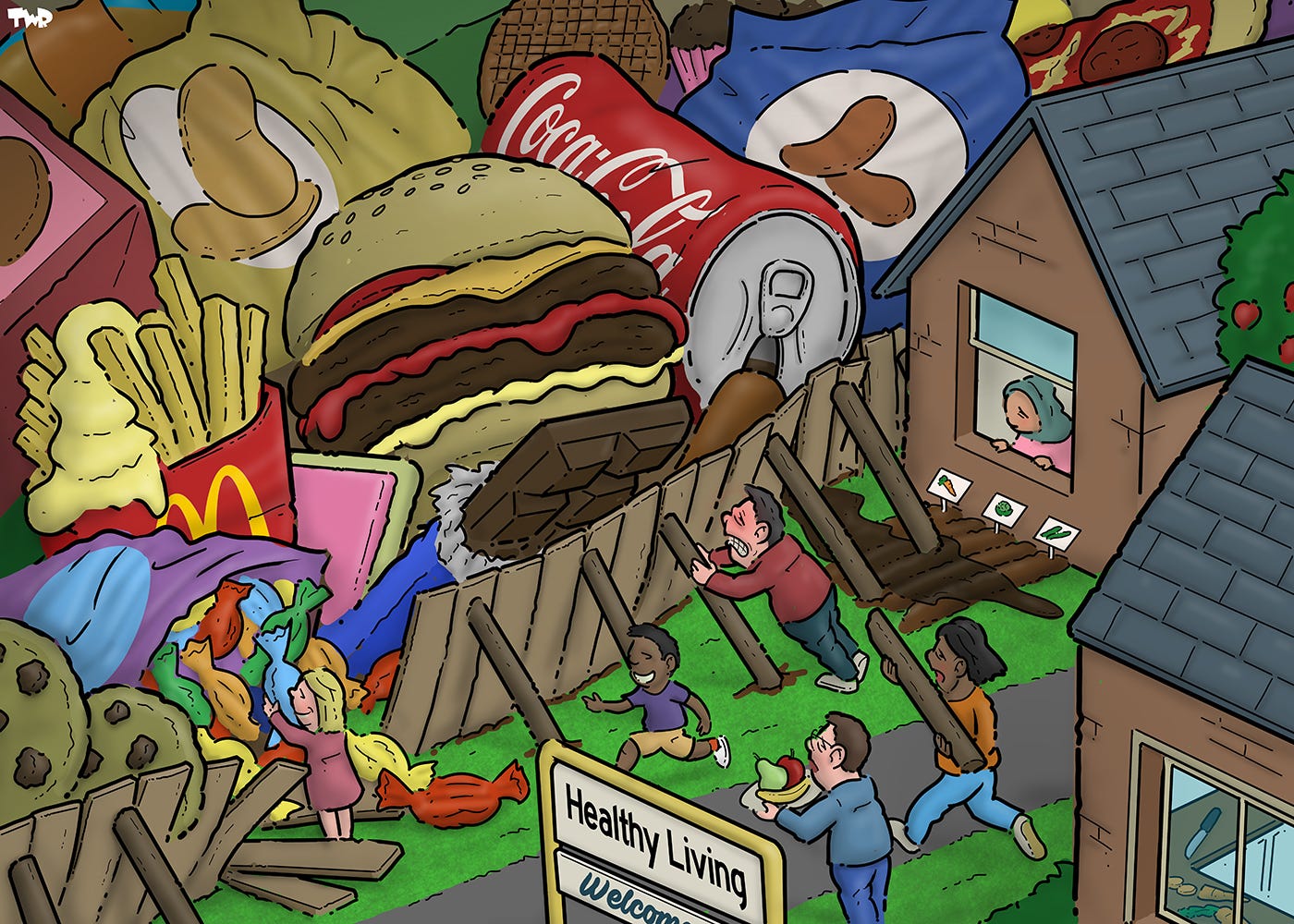 Cartoon showing a village with a sign that reads 'Healthy Living - welcome!'. Next to the houses of the village is a fence that is trying to keep back a flood of giant fast food (including a giant hamburger, a bar of chocolate, giant cookies and a giant can of coke) that is threatening to overrun the village like an avalanche. People are running to put extra poles as support against the fence. At one spot, the fence has already collapsed, and candy is spilling into the village, with children running towards it, while a parent carrying a plate of fruit looks on. Meanwhile, the giant can is spilling coke through the fence, ruining a vegetable garden.