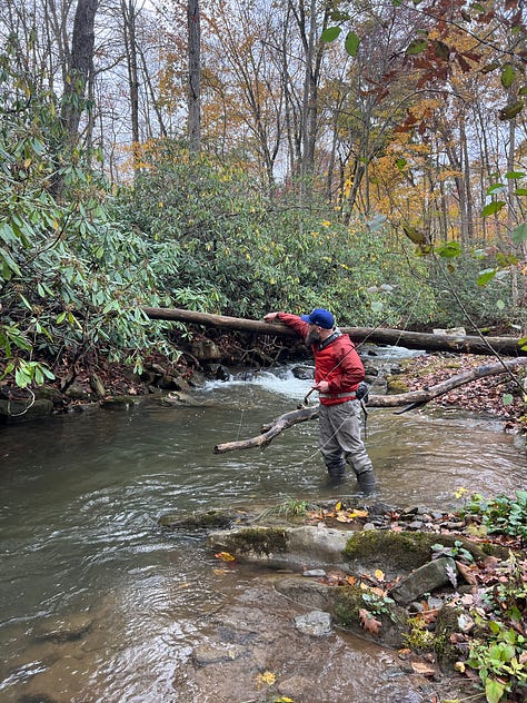 Pictures of man and woman untangling fly line from trees and rods.